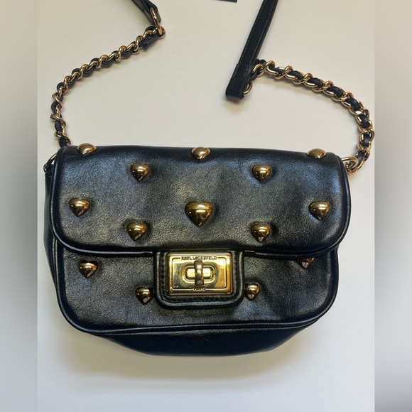 Karl Lagerfeld Black Leather and Gold Hearts Crossbody/Shoulder Bag - Picture 3 of 8